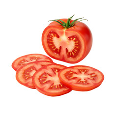 Organic, ripe red tomatoes, whole or sliced, isolated on a white background, perfect for a healthy diet