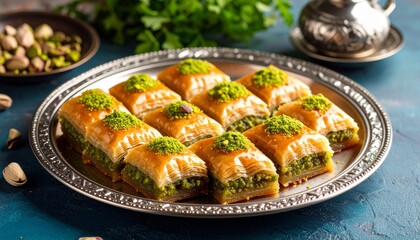 Sweet and flaky Turkish baklava with nuts.