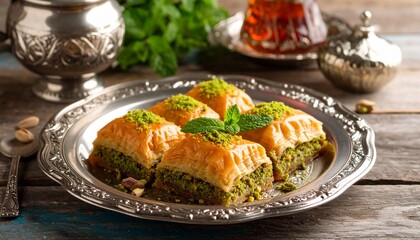 Sweet and flaky Turkish baklava with nuts.