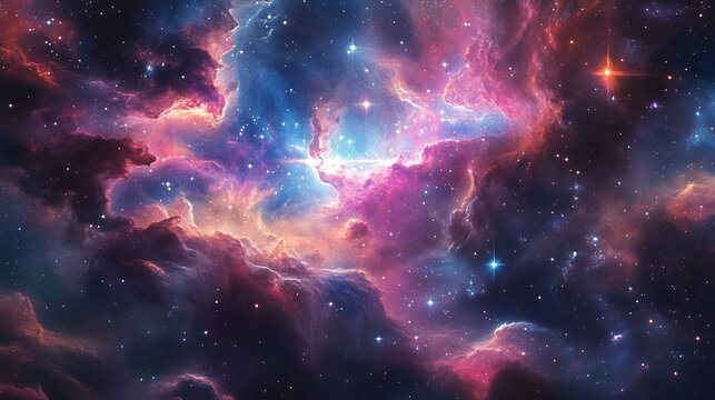 Dazzling celestial dreamscape with swirling cosmic nebulae in vivid pinks blues and purples glowing stars and floating sparkling dust