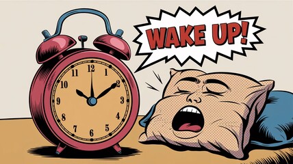 A retro comic pop art illustration of an alarm clock with the text "Wake up!" in a speech bubble at a yawning pillow with a face.