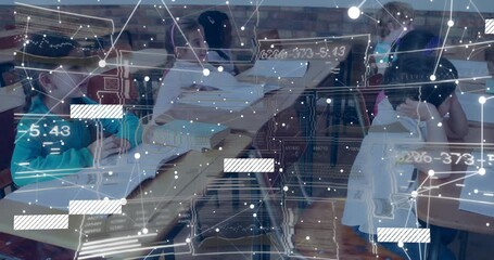 Six students on teacher cue noting while network visuals and codes overlaying textbooks in class - Powered by Adobe