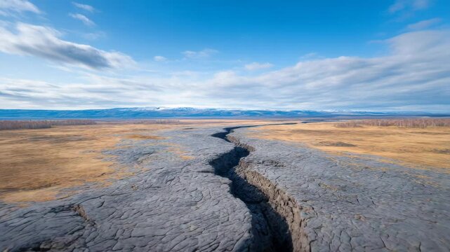 Deep Crack in Ground: A striking aerial landscape shows a deep crack stretches across the barren land under blue sky with cloud.