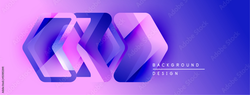 Poster abstract geometric shapes overlap, creating vibrant purple, pink gradient. modern design element for
