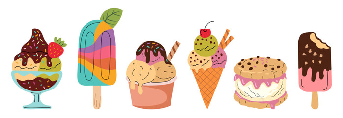 Set of various ice creams, waffle cones, popsicles, sundaes, sandwich, paper cup. Colorful flat vector illustration isolated on transparent background