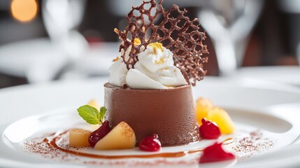Decadent mousse dessert with a light airy whipped topping plated with artistic finesse