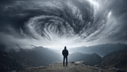 Man Contemplating Powerful Storm Over Mountainous Landscape