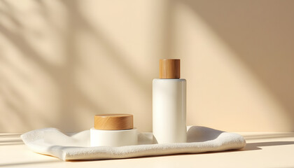 Naklejka premium Photorealistic 3D Rendering of Sustainable Skincare Packaging with Bamboo Lids, Glass Containers, and Linen Cloth on Beige Textured Surface