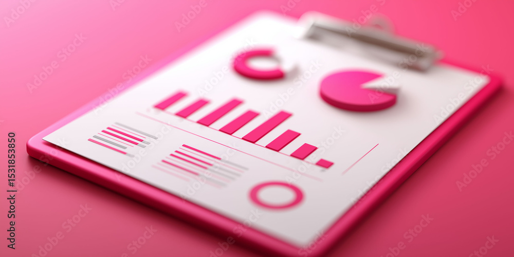 Poster a pink graph on the clipboard with pie charts and bar graphs showing sales data. the background is a