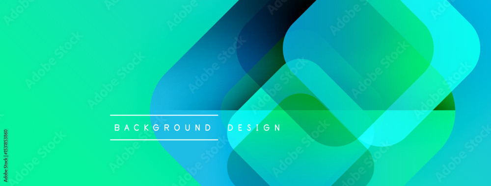 Poster abstract geometric shapes overlap, creating vibrant turquoise, blue gradients. modern design element