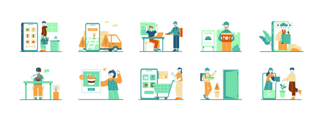 Online food illustrations set. Food delivery concept. Flat vector illustrations.