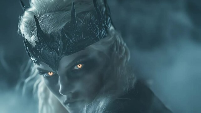 Blond fantasy queen with dark crown and glowing orange eyes materializing through dense fog, emanating mysterious power and mythical norse presence while staring intensely at viewer