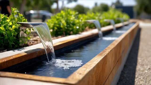 Modern outdoor water feature with cascading streams flows into rectangular wooden trough, surrounded by green shrubs and gravel, creating tranquil garden atmosphere, perfect for relaxation