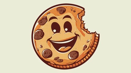 A retro comic pop art design of a smiling cookie with a bite taken out on plain white background