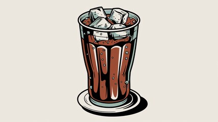 retro comic pop art illustration of a soda cup filled with ice cubes on a plain background.