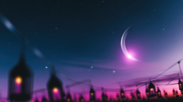 Crescent moon over lanterns. Night sky