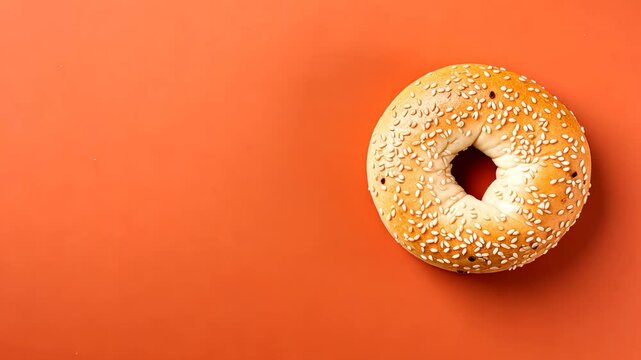 A fresh sesame bagel sits on an orange surface, leaving ample empty space around it, suggesting variety of uses for this .copy space