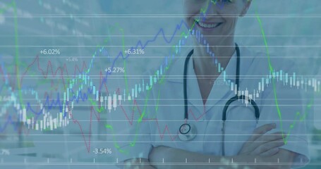 Financial charts moving behind doctor as camera rising revealing smile exuding confidence - Powered by Adobe