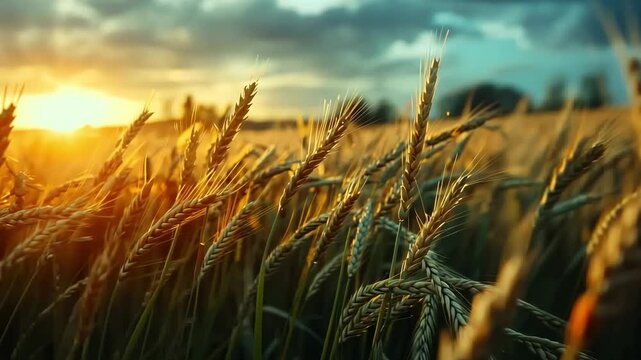 Wheat plants growing in cultivated farmland are swaying gently in the wind during golden hour