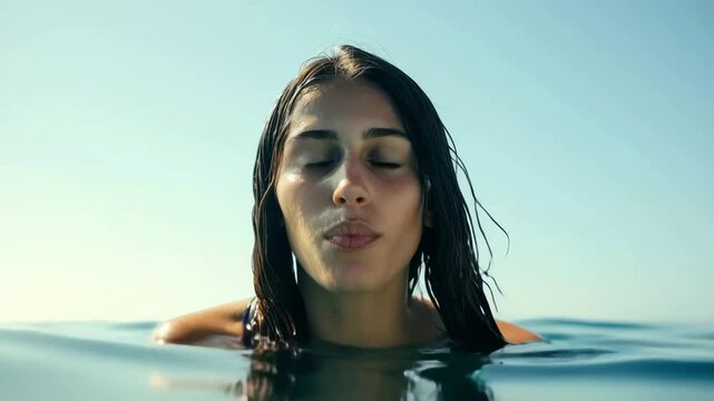Portrait of a beautiful young woman with wet hair emerging from the ocean water on a sunny day