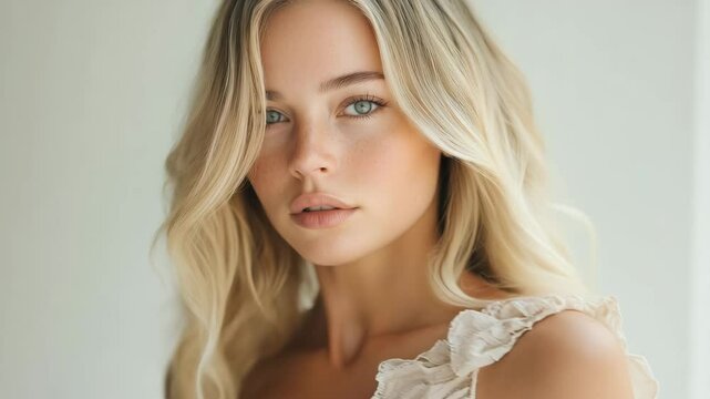 Close-up of a long-haired blonde's face against a simple neutral background. The concept of improving the appearance of hair, revealing femininity and attractiveness, developing a hairdressing busines