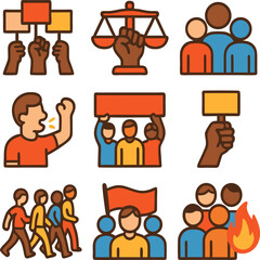 protest sign people icons set and justice icon for democracy, demonstration and liberation, social activism, public government