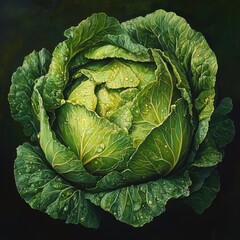 Fototapeta premium Close-up of a head of fresh cabbage, vibrant green leaves, detailed textures, water droplets