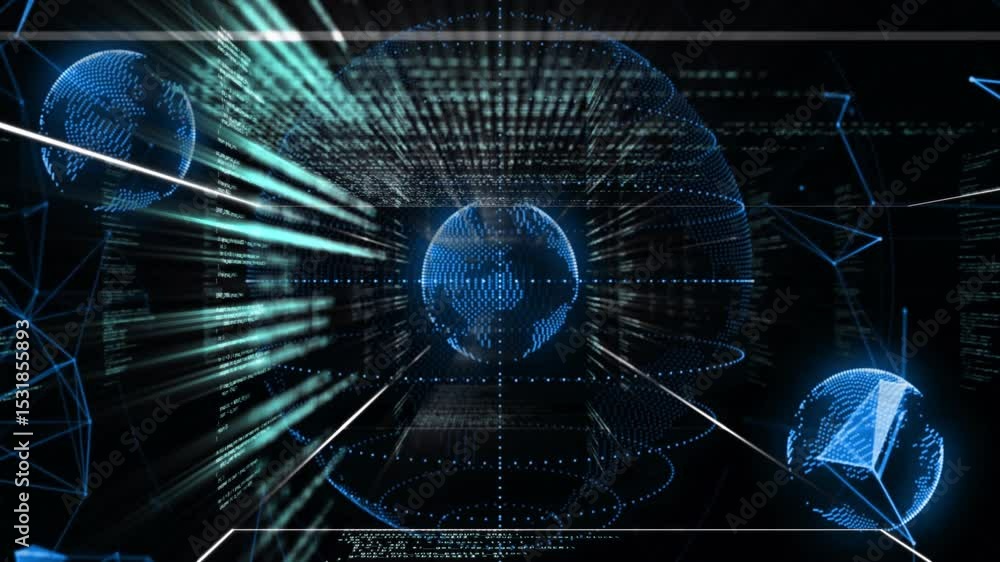  opening data chamber grid enclosing globe, scrolling code, morphing cube visualizing data