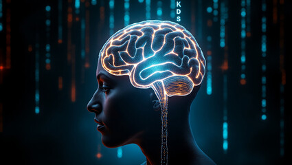 Obraz premium Human brain illuminated with digital data streams concept