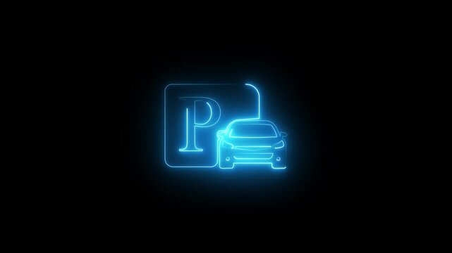 Neon animation of a car parking icon on a black background. apps, smart parking systems, automotive UI, and transport-related visuals