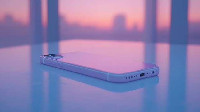 Side - placed smartphone with metal frame, simple design on gradient pink - purple to blue background, conveying tech, stylish, futuristic vibe