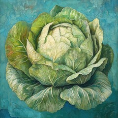 Fototapeta premium Close-up of a vibrant head of cabbage, rendered in detailed botanical style. Green and creamy-white leaves tightly arranged, set against a textured teal-blue background