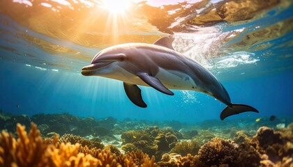 Majestic Dolphin in Sunlit Coral Reef