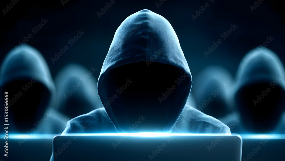 Poster a mysterious figure in a hoodie is illuminated by a glowing laptop screen, emphasizing themes of ano