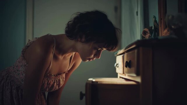Young woman with short hair bending over partially open wooden chest of drawers, illuminated by soft internal light in dark bedroom, exploring mysterious contents with quiet curiosity