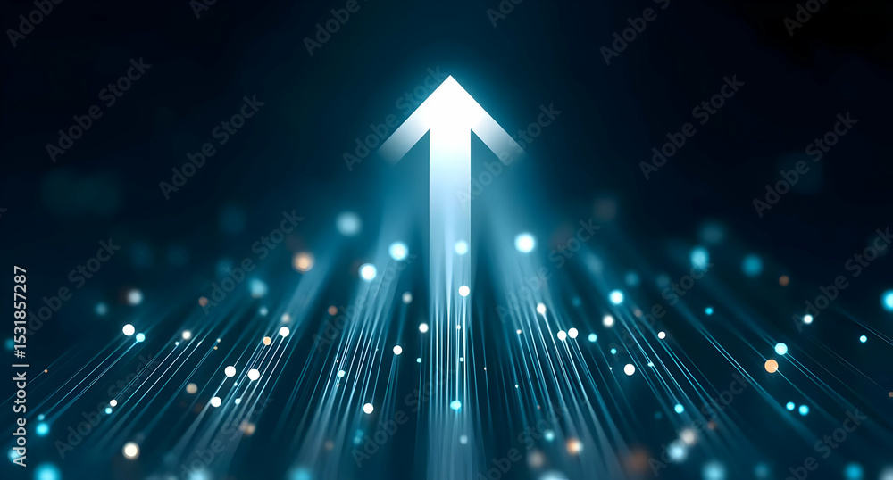 Poster a bright upward arrow symbolizes growth and progress with dynamic light rays creating a futuristic f