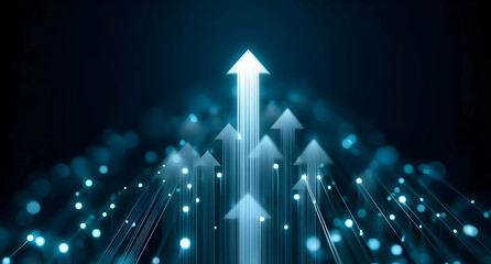 A visually striking representation of upward arrows and light beams, symbolizing growth and innovation in technology.