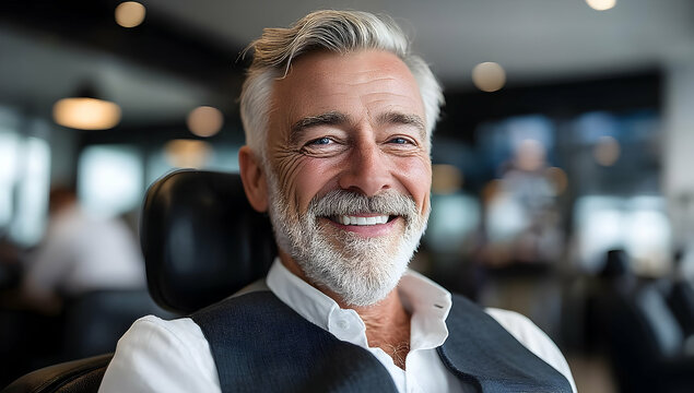 A smiling mature man in a modern office setting, exuding confidence and positivity. Perfect for lifestyle content.