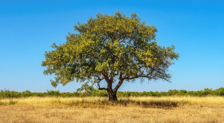 Lone tree in a golden field under a vibrant blue sky