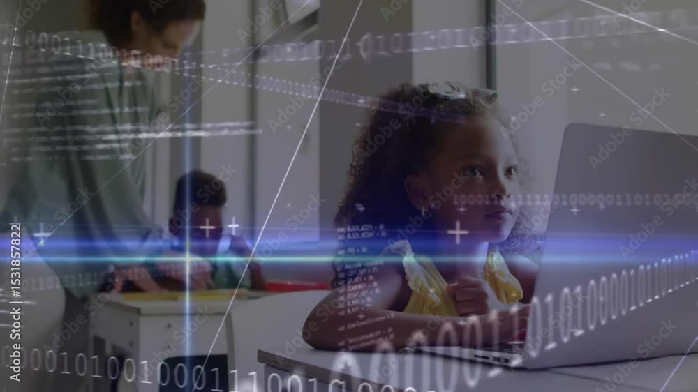 Poster girl typing on laptop causing binary code intensifying, mother guiding boy on tablet in home study