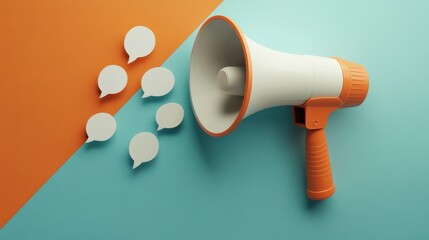 Orange megaphone and speech bubbles on dual tone background
