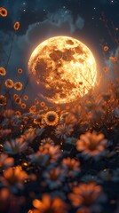 Full moon and flower field outdoor scenery illustration poster background