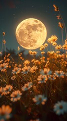 Full moon and flower field outdoor scenery illustration poster background
