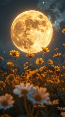 Full moon and flower field outdoor scenery illustration poster background