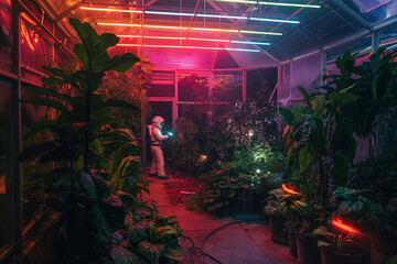 Astronauts cultivate glowing plants in a Mars biodome under a red sky, imagining Earth's rebirth.