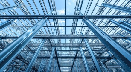 Industrial steel racking system under a bright sky