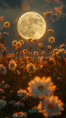 Full moon and flower field outdoor scenery illustration poster background