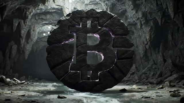 Cryptocurrency's Hidden Depths A Stone Bitcoin in a Mysterious Cave, Unveiling Digital Assets' Enduring Value
