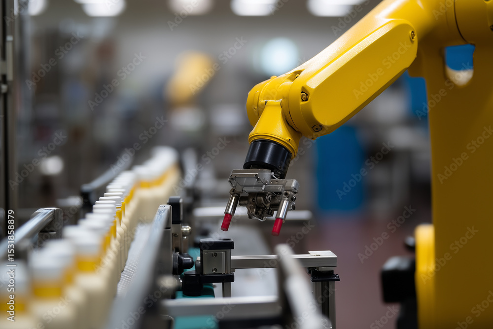 Poster robotic arm automation factory production yellow technology bottle assembly line focus