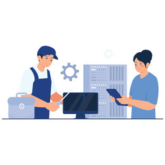 IT Services Illustration. Vector illustration of Two technicians collaborating to fix a broken computer monitor and server. Isolated on background